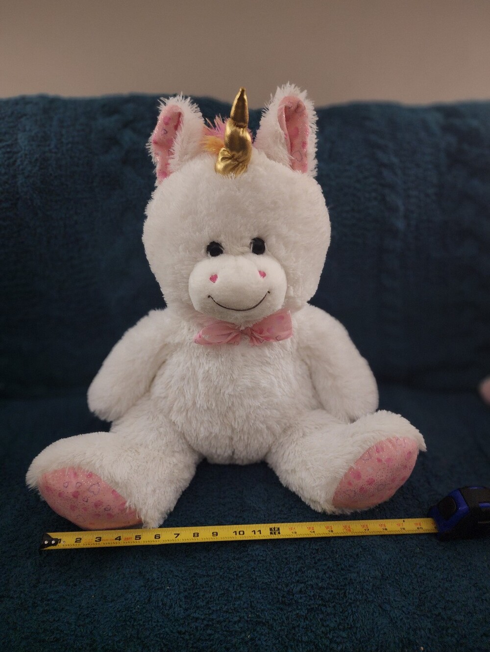 Plush Sitting Unicorn 24" Cuddly Gold Horn Rainbow Mane Tail Pink Heart Nostrils